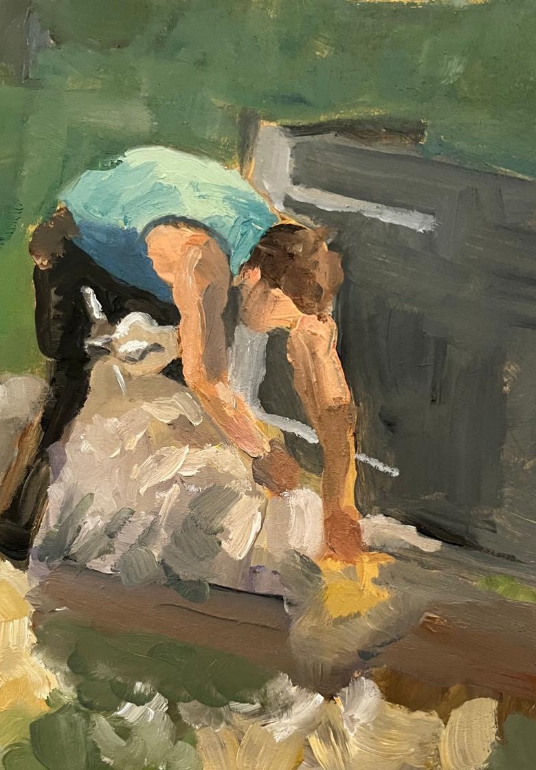 Oil painting of a person shearing a sheep