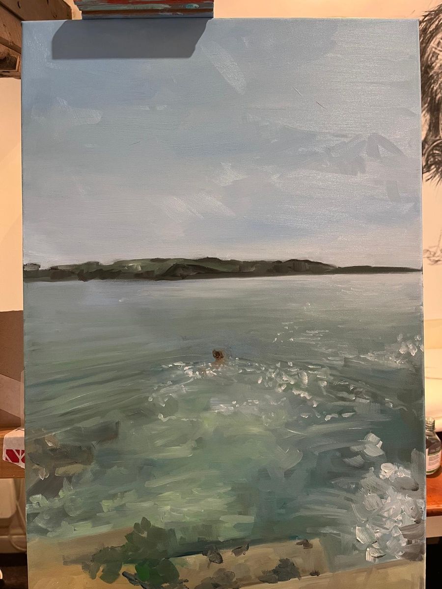 Oil painting of a swimmer in open water with a distant shoreline